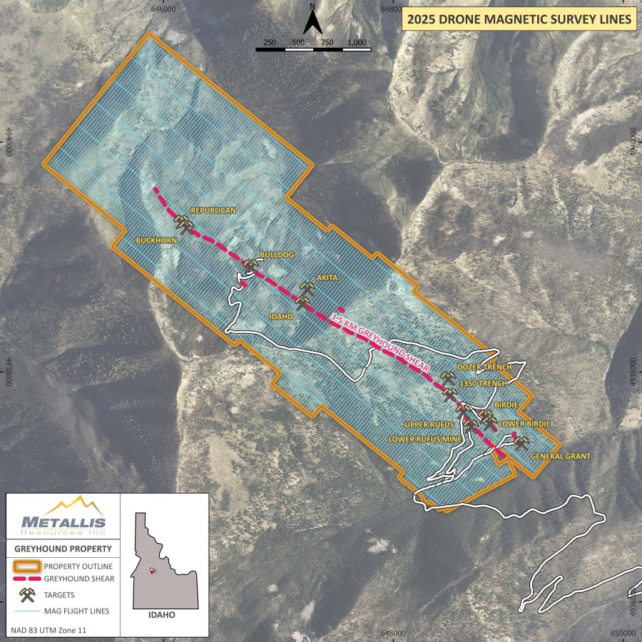 PLANNED DRONE MAGNETIC SURVEY LINES ON GREYHOUND PROPERTY (CNW Group/Metallis Resources Inc.)