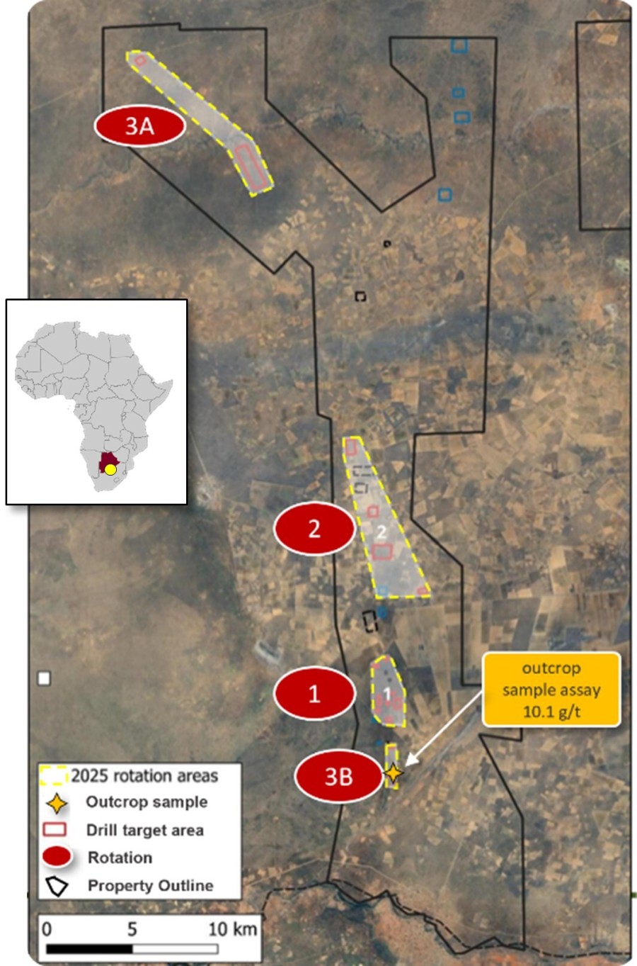 Kraaipan project area with areas of focus for three rotations of RC drilling activity, May to August 2025 (CNW Group/North Arrow Minerals Inc.)