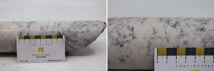 Figure 1: Photos of mineralization at Dropkick, Left: at ~296m in NFGC-24-2193 and Right: at ~306.6m in NFGC-24-2197. 
^Note that these photos are not intended to be representative of gold mineralization in NFGC-24-2193 and NFGC-24-2197. (CNW Group/New Found Gold Corp.)