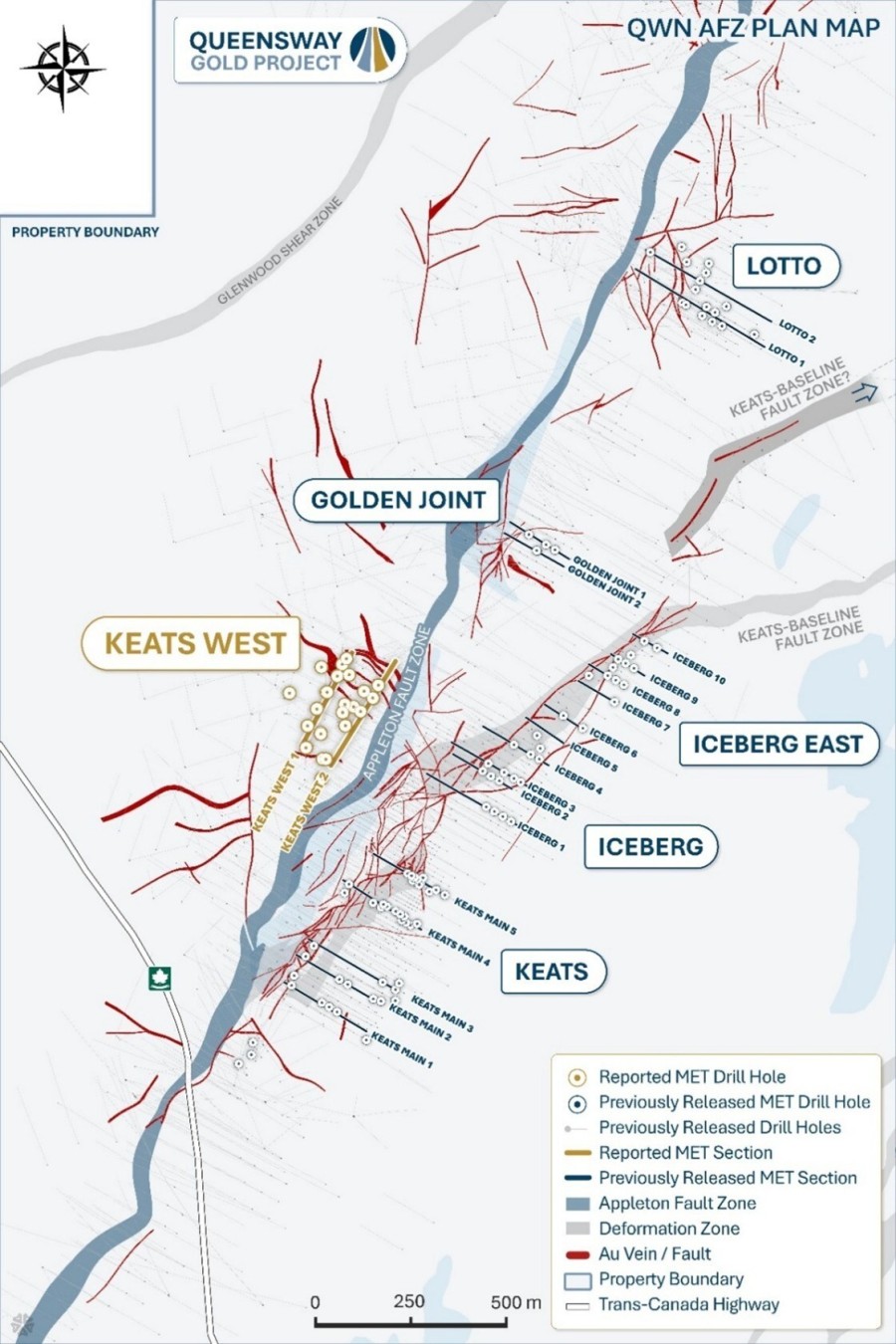 Figure 1. Plan view map showing the metallurgical testing cross sections Keats West 1 and Keats West 2 from the Program. (CNW Group/New Found Gold Corp.)