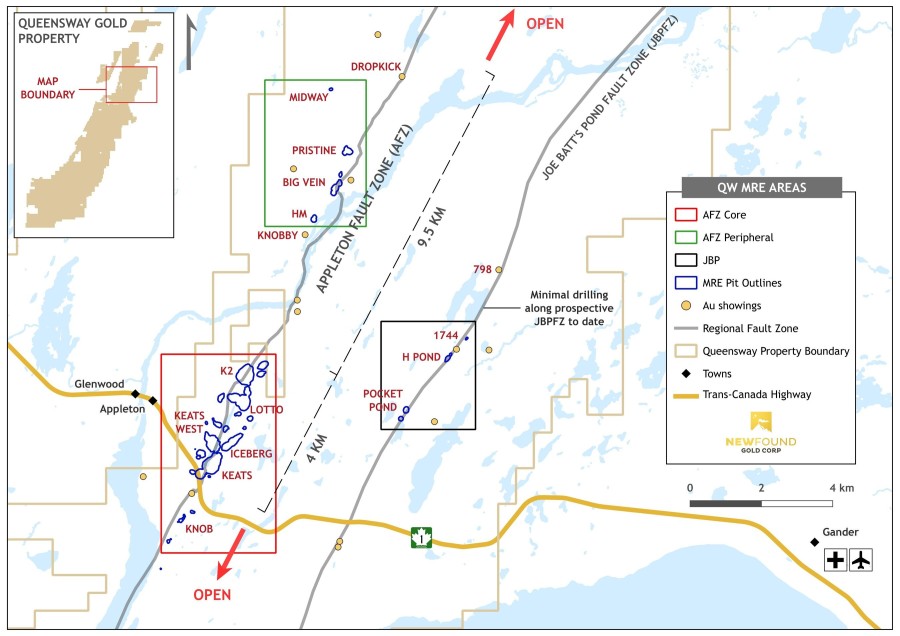Figure 1. MRE Area – AFZ Core, AFZ Peripheral and JBP areas. (CNW Group/New Found Gold Corp.)