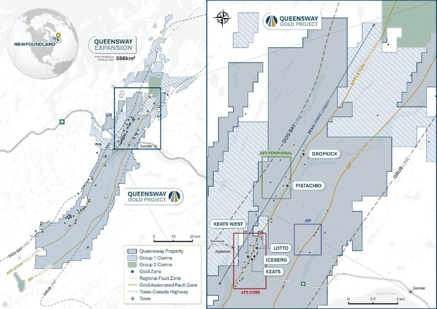 Figure 1: Location of Queensway, Group 1 and Group 2 mineral claims. (CNW Group/New Found Gold Corp.)