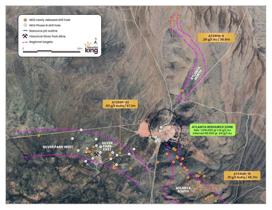 Figure 1. Simplified view of Atlanta Gold Mine Project area with locations of Silver Park, Atlanta North, and Atlanta South exploration targets with newly released Phase III drilling. (CNW Group/Nevada King Gold Corp.)