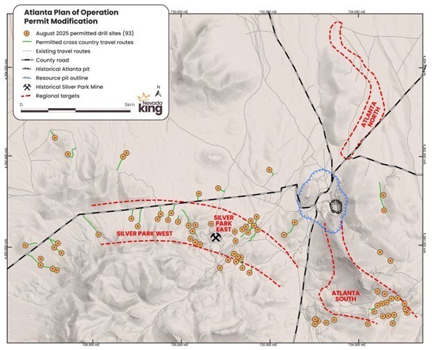Figure 1. Newly permitted drill pad locations within the Atlanta Plan of Operations modification approved by the Bureau of Land Management and State of Nevada in August 2025 (CNW Group/Nevada King Gold Corp.)