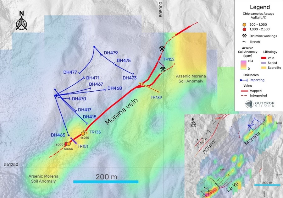 Figure 1. The plan view of the Morena vein target shows the drill holes reported in this release (Table 1), exploratory trenches, and surface exploration samples (Table 2). Coordinates are in the UTM system, zone 18N, and WGS84 projection. Holes DH415, DH417, DH465, DH468, DH470, DH473, and DH475 intercepted the Morena vein as a quartz vein with different lengths and with No Significant Results. No Significant Result means an intercept lower than 200 g/t AgEq[1]. (CNW Group/Outcrop Silver & Gold Corporation)