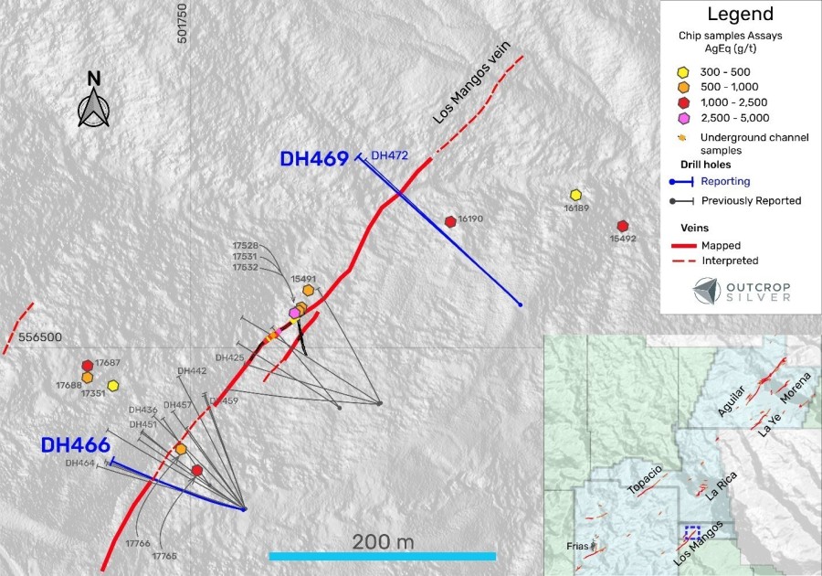 Figure 1. The plan view of the Los Mangos vein target shows the drill holes reported in this release (Table 1), previously reported holes (Table 3), and surface exploration samples (Table 2). Coordinates are in the UTM system, zone 18N, and WGS84 projection. Hole DH472 intercepted 0.93 m of quartz vein with No Significant Results in the Los Mangos vein. No Significant Result means an intercept lower than 200 g/t AgEq1. (CNW Group/Outcrop Silver & Gold Corporation)