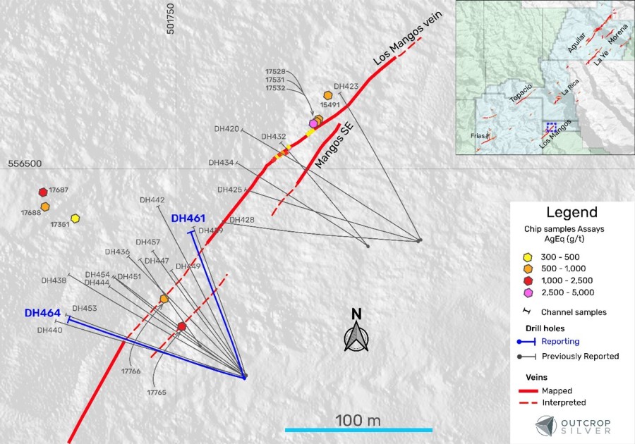 Figure 1. The plan view of the Los Mangos vein target shows the drill holes reported in this release (Table 1), previously reported holes, and surface exploration samples (Table 3). Coordinates are UTM system, zone 18N and WGS84 projection. (CNW Group/Outcrop Silver & Gold Corporation)