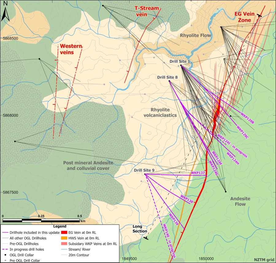 Figure 1: Wharekirauponga plan view of geology and drill traces highlighting the EG vein zone, T-Stream vein, and Western veins, and drill platform locations (CNW Group/OceanaGold Corporation)