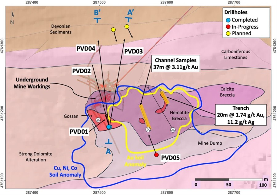 Figure 1 – Cármenes Project: Providencia Target - geology map showing the historical mine workings, drillholes and cross-section locations (A-A’ - Figure 2; B-B’ – Figure 3) (CNW Group/Pan Global Resources Inc.)