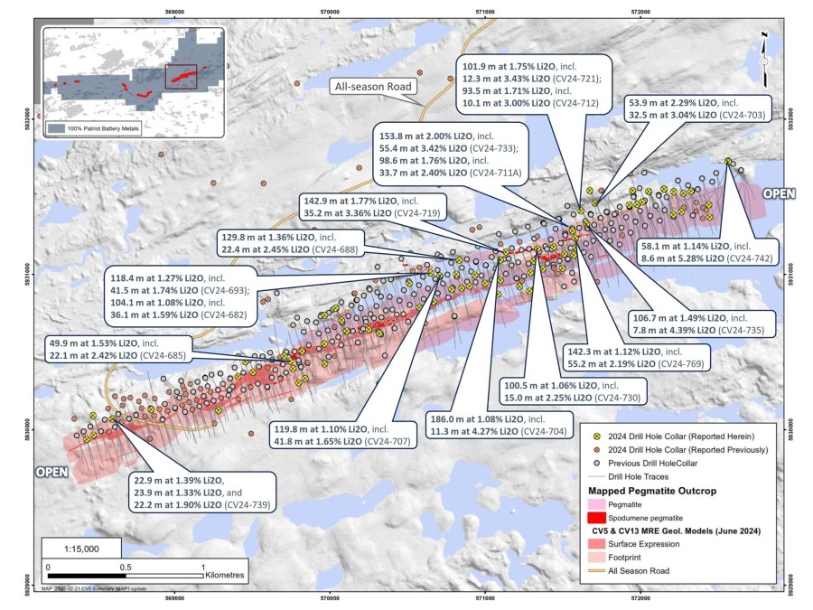 Figure 1: Drill holes completed through 2024 at CV5 with result highlights in this announcement. (CNW Group/Patriot Battery Metals Inc.)