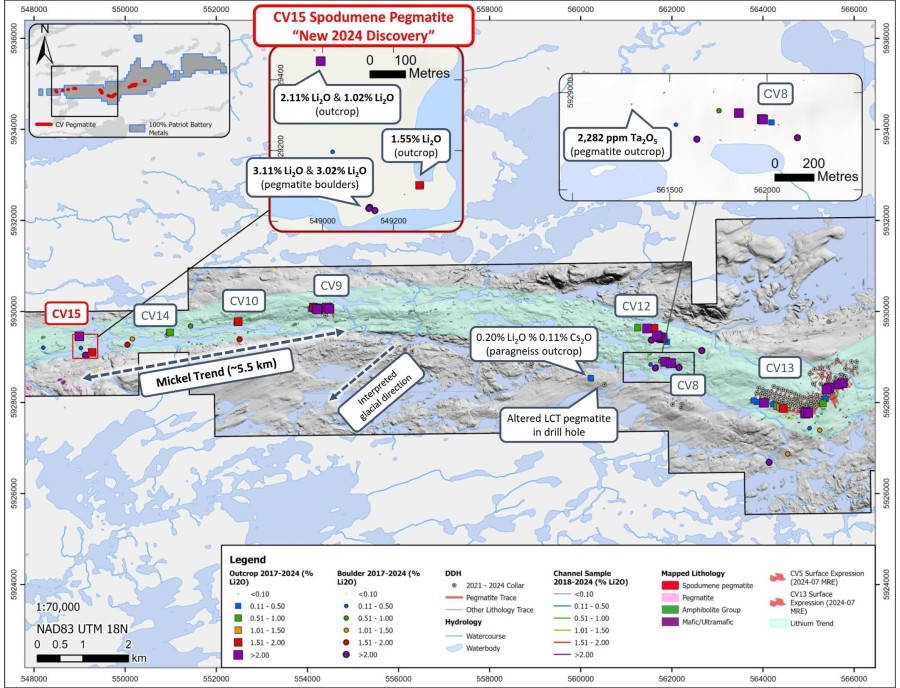 Figure 1: New spodumene pegmatite cluster (CV15) extends the prospective Mickel Trend to ~5.5 km. Cumulative surface sampling results since 2017 are presented. (CNW Group/Patriot Battery Metals Inc.)