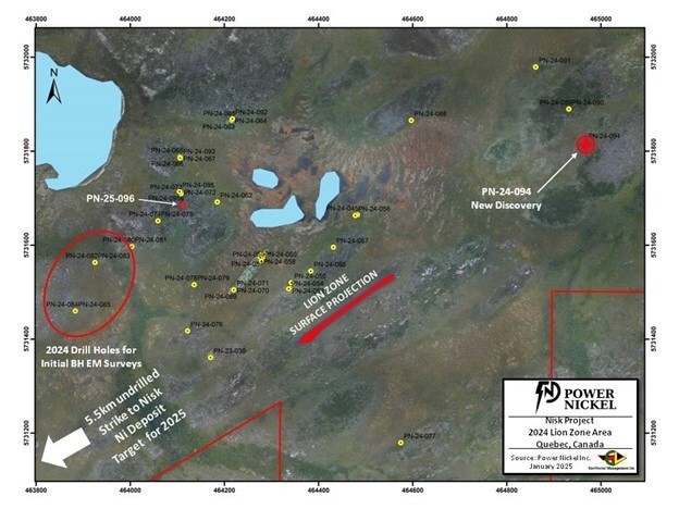 Figure 1: Plan view of drill holes in the Lion Zone Area, showing current drill hole PN-25-096, and discovery hole PN-24-094 east of Lion (CNW Group/Power Nickel Inc.)