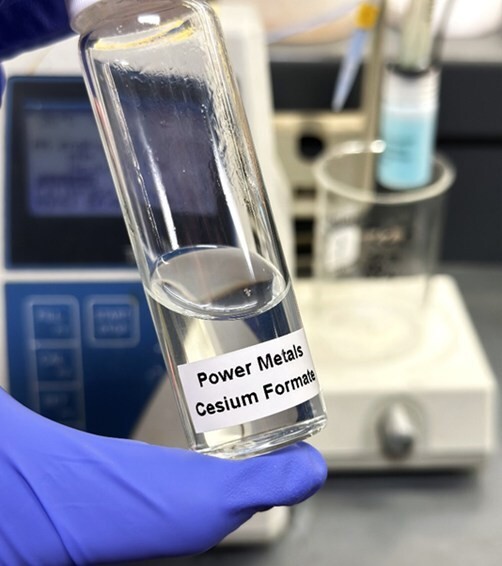 Figure 1 – Sample of 99.8% cesium formate solution with density 2.23 g/mL produced from West Joe pollucite concentrate (CNW Group/Power Metals Corp.)