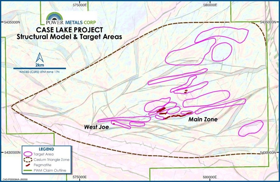 Figure 1 – Location of Power Metals Case Lake Cesium Project, CTZ with target zones generated from Southern Geoscience Consultants 2024. West Joe MRE area (circled in grey) (CNW Group/Power Metals Corp.)