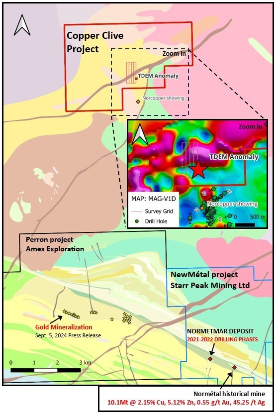 Figure 1: Copper Clive Property location; sigeom geology and partial geophysical (Magnetism-vertical first derivate) maps background (CNW Group/Starr Peak Mining Ltd.)
