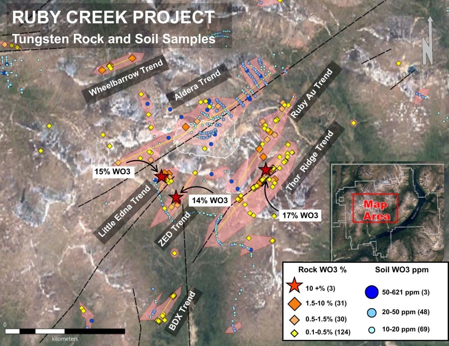 Figure 1. Map of Ruby Creek showing tungsten-bearing trends, faults, and mineralized zones. (CNW Group/Stuhini Exploration Ltd.)