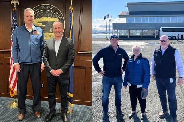 Figure 1  Image left: Alaska Governor Mike Dunleavy (left) with U.S. GoldMining CEO Tim Smith (right); Image right: Tim Smith with Matanuska-Susitna Borough Mayor Edna DeVries and Borough Manager Mike Brown at Port Mackenzie. (CNW Group/U.S. GoldMining Inc.)