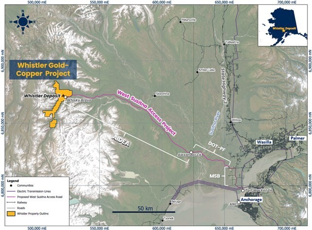 Figure 1 - Map of the South Central Alaska encompassing the city of Anchorage and the Matanuska-Susitna Borough (“MSB”) district, showing the designed route of the proposed West Susitna Access Project (“WSAP”) which will connect the Whistler Project with existing highway, rail, power and port infrastructure adjacent to the largest population center and fastest growing region in Alaska, the tri-cities of Anchorage, Wasilla and Palmer. The WSAP is labelled in the image above with the lead proponent for each segment of the road, including: AIDEA (“Alaska Industrial Development and Export Authority”); ‘DOT&PF’ (Alaska “Department of Transportation and Public Facilities”); and ‘MSB’ (“Matsu Borough”). (CNW Group/U.S. GoldMining Inc.)