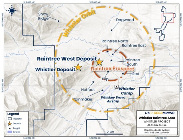 Figure 1 - Location map of the northern Project highlighting the Whistler and Raintree Deposits. Raintree Deposit lies within the broader Raintree Prospect area located approximately 1 kilometer east of the Whistler Deposit. (CNW Group/U.S. GoldMining Inc.)