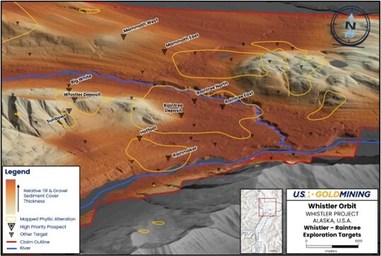 Figure 1  The Whistler-Raintree Mineral System extending over an area of approximately  5 x 5 km, interpreted as a classic ‘porphyry cluster’, with potential for additional gold ± copper ± silver mineralization to be discovered. (CNW Group/U.S. GoldMining Inc.)