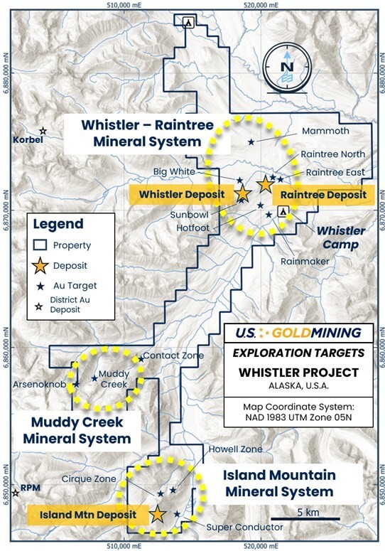 Figure 1  The Whistler Project, containing three gold ± copper ± silver mineral systems:  Whistler - Raintree which contains the existing Whistler and Raintree deposits, Island Mountain which contains the namesake gold deposit and several additional undrilled targets, and Muddy Creek which contains potential for discovery of an intrusive related gold system. (CNW Group/U.S. GoldMining Inc.)