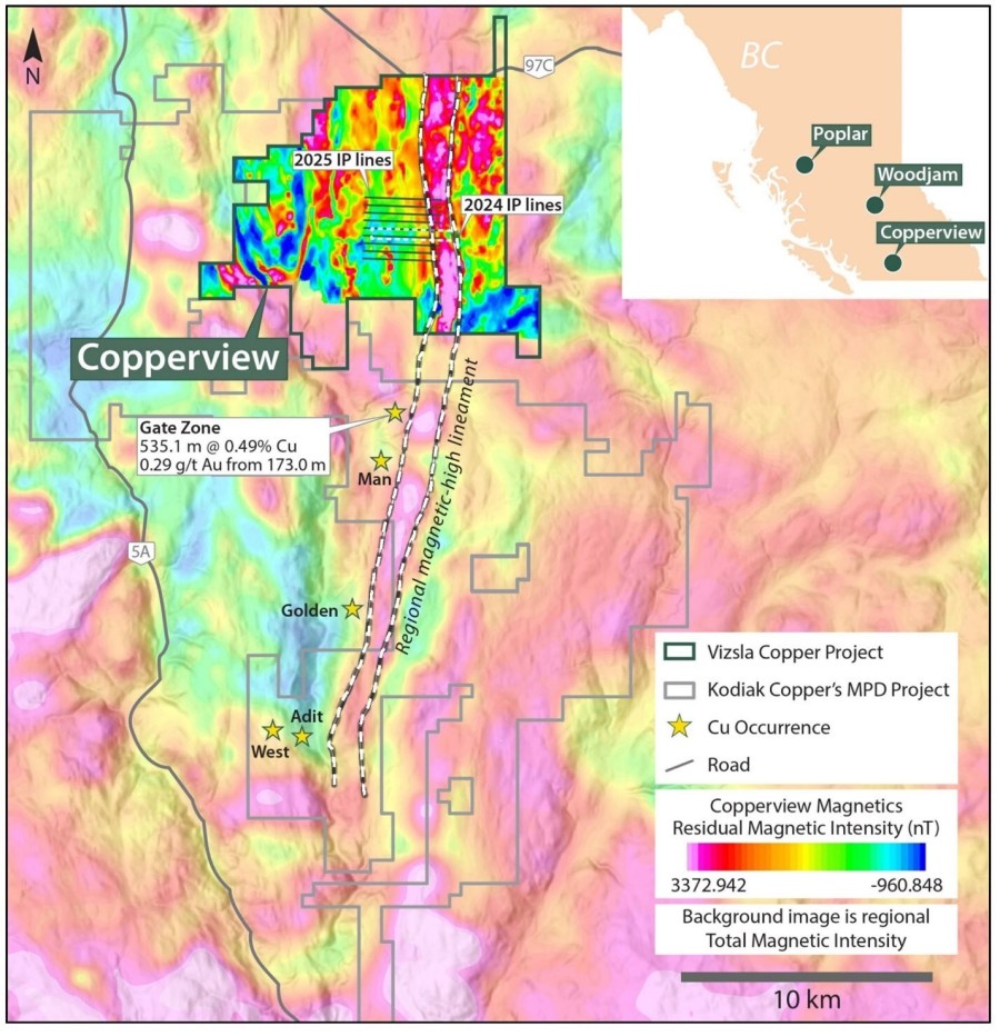 Figure 1. Map of the Copperview Project showing the location of the M5 target in relation to a regional magnetic-high lineament and Kodiak Copper’s Gate discovery.3 (CNW Group/Vizsla Copper Corp.)