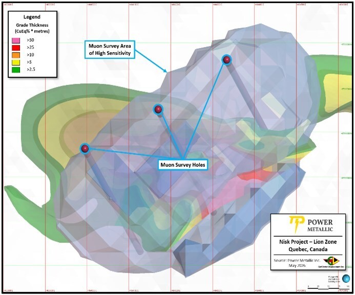 Figure 1 – Plan view of muon survey overlain Lion (CNW Group/Power Metallic Mines Inc.)
