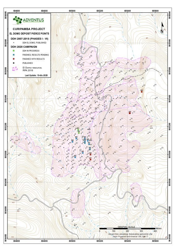 Collar Location Map for Drill Holes at El Domo as at December 21, 2020 News Release (CNW Group/Adventus Mining Corporation)