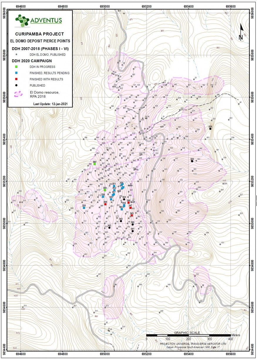 El Domo Drill Hole Locations - 2020 01 13 News Release - Adventus Mining Corporation (ADZN - tsxv) (CNW Group/Adventus Mining Corporation)