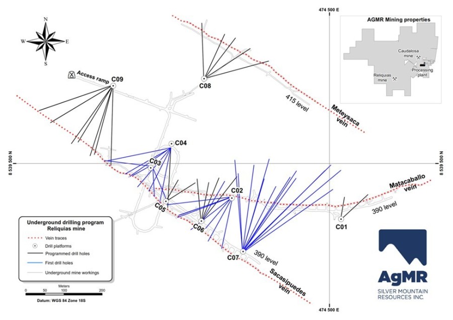 Figure1: Plan view of underground drilling program at the Reliquias silver mine, showing traces of drill holes completed to date (in blue) as well as the subsequently programmed bore holes. Additionally, underground workings, main mineralized veins, and drill platforms are displayed. Inset map shows Reliquias property block with locations of both silver mines and the processing plant (CNW Group/Silver Mountain Resources Inc.)