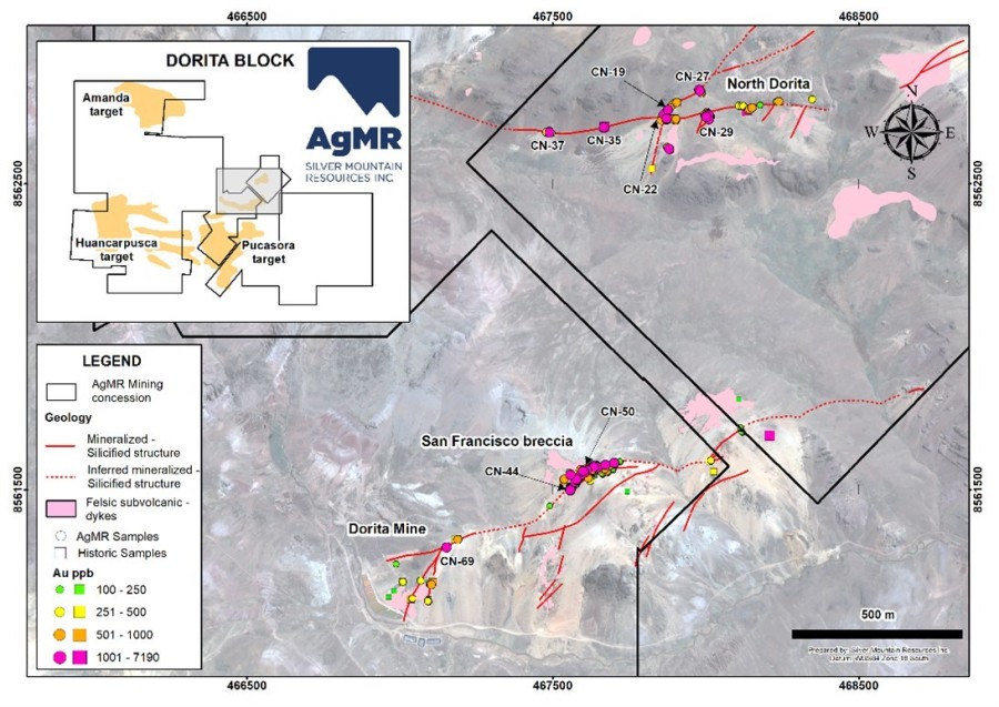 Fig.1: Map of Dorita and North Dorita vein systems, displaying vein traces, gold values of surface channel samples, and location of channels listed in table 1. Inset map shows Dorita property block with enlarged area indicated in grey. (CNW Group/Silver Mountain Resources Inc.)