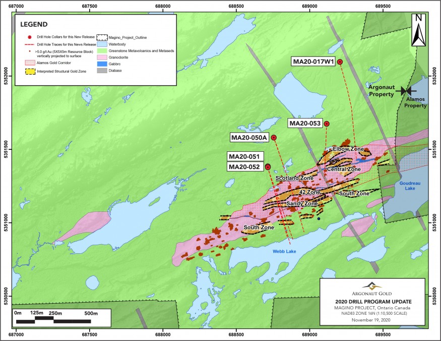 Figure 1 – Plan Map of Magino showing the locations of drill holes in this news release (CNW Group/Argonaut Gold Inc.)