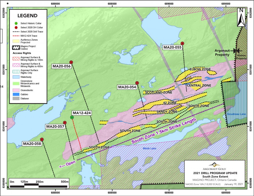 Figure 1 – Plan Map of Magino showing the locations of drill holes in this news release and South Zone 1.5km strike length (CNW Group/Argonaut Gold Inc.)