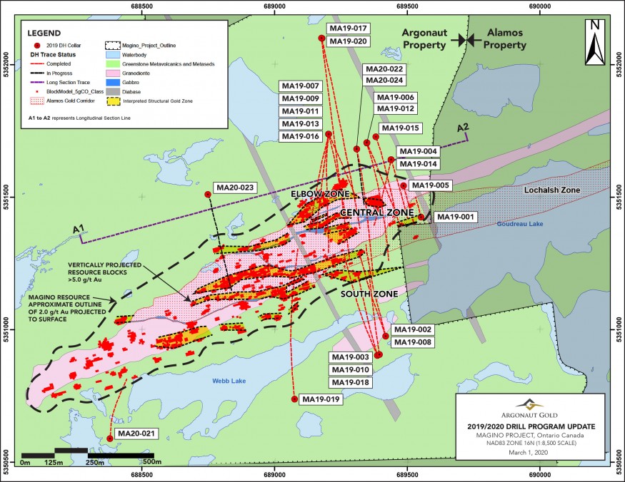 Figure 1: 2019/2020 Drill Program Update - A geological map of the Magino Project located approximately 14 kilometres southeast of Dubreuilville, Ontario, adjacent to the Island Gold Mine. The map shows key drillhole locations from our recent drilling program. (CNW Group/Argonaut Gold Inc.)