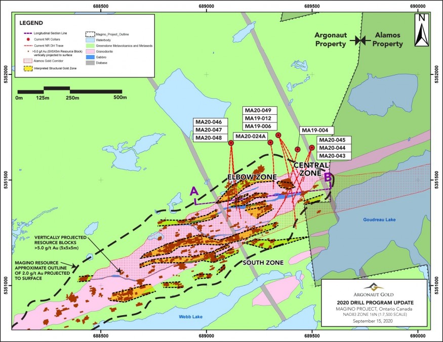 Figure 1 – Plan Map of Magino showing select drill holes in Elbow and Central Zones (CNW Group/Argonaut Gold Inc.)