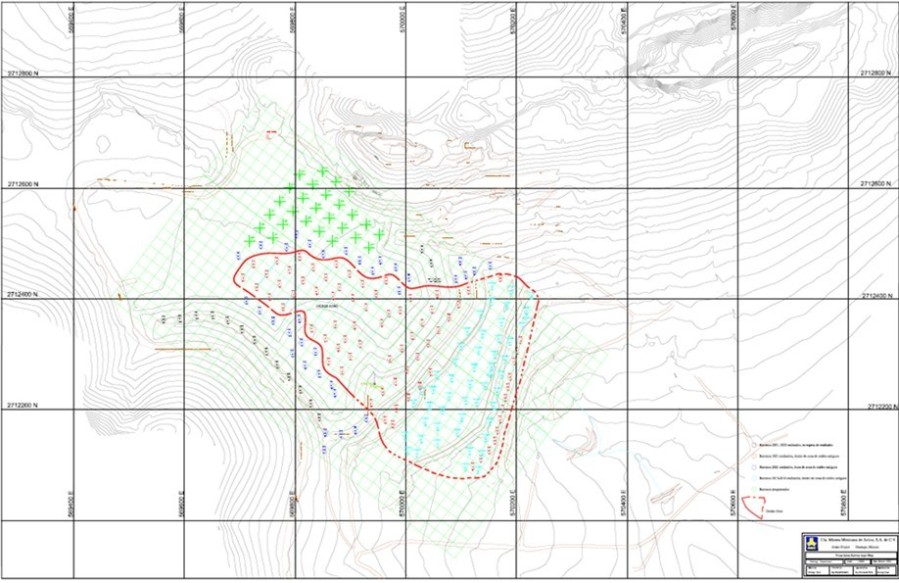 Figure 1 shows the oxide tailings in plan view with the drill holes in Black from the 2022 drill program, the drill holes in Red and Blue from the 2021 program, the green indicates holes that may still be drilled, and the drill holes in light blue from the 2015/2016 program. (CNW Group/Avino Silver & Gold Mines Ltd.)