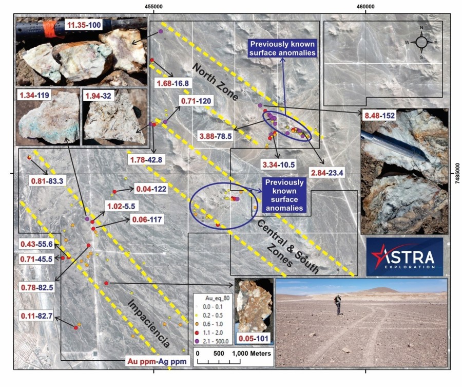 Figure 1: Surface geochemistry including LSE vein floats >25 cm found in covered areas. Three NW-SE trends were defined. Best float results are highlighted in the map (Au in red-Ag in blue, both in ppm). (CNW Group/Astra Exploration Limited)