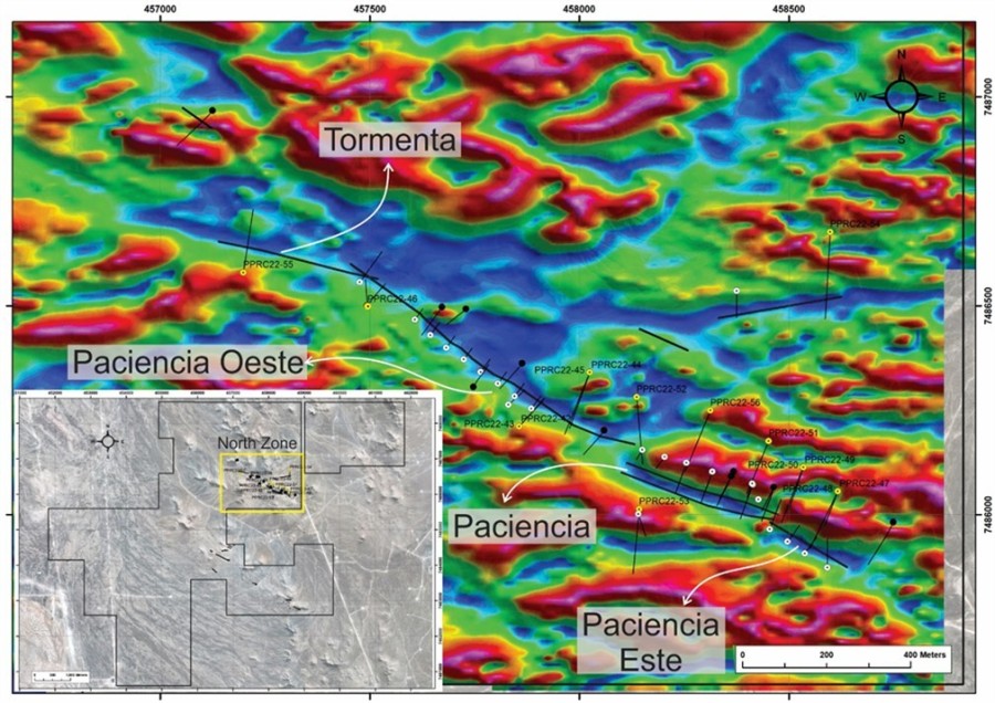 Figure 1: Regional ground magnetics map of the Phase II drill hole locations (yellow dots) in the North Zone. White dots represent Phase I hole locations. Black dots are historical holes. (CNW Group/Astra Exploration Limited)