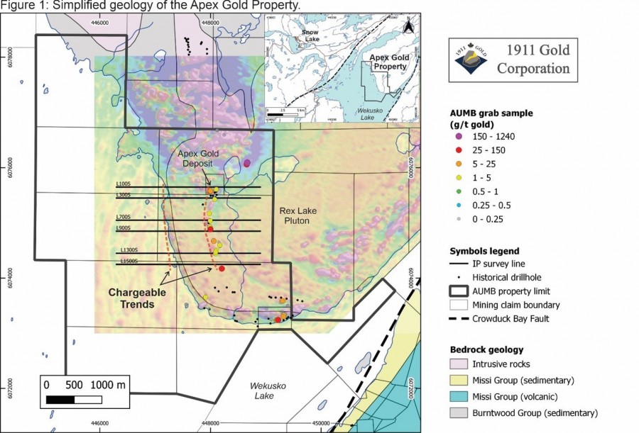 Figure 1: Simplified geology of the Apex Gold Property. (CNW Group/1911 Gold Corporation)