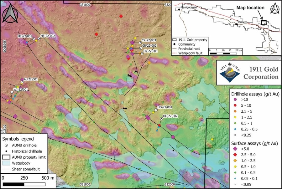 Figure 1: Location map of 2022 drillholes at Wallace (LiDAR base with UAV-MAG drape). (CNW Group/1911 Gold Corporation)