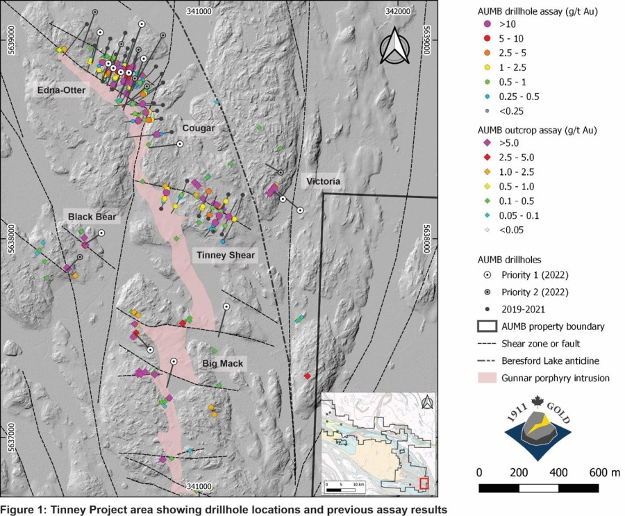 Figure 1 : Tinney Project area showing drillhole locations and previous assay results (CNW Group/1911 Gold Corporation)