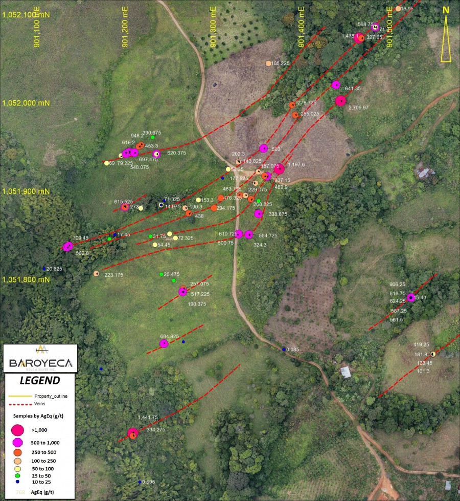 Figure 1. La Ye vein system. AgEq (g/t) values over outcrop/sub-outcrop and inferred trace of veins. (CNW Group/Baroyeca Gold & Silver Inc.)