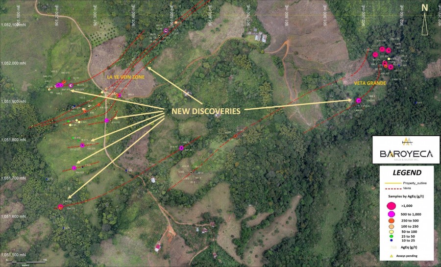 Figure 1. La Ye and Veta Grade vein systems and AgEq values over outcrop/sub-outcrop vein occurrences. (CNW Group/Baroyeca Gold & Silver Inc.)