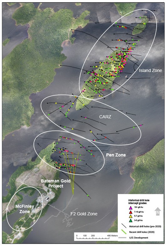 Diagram 1: String of Pearls – Historical Drill Intercepts (pre-2020) at the Pen, CARZ, and Island Zones in Proximity to the F2 Gold Zone at the Bateman Gold Project. Plan View. (CNW Group/Battle North Gold Corporation)