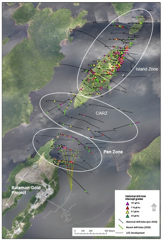 Diagram 1: String of Pearls – Historical Drill Intercepts (pre-2020) at the Pen Zone, CARZ, and Island Zones in Proximity to the F2 Gold Zone at the Bateman Gold Project. Plan View. (CNW Group/Battle North Gold Corporation)