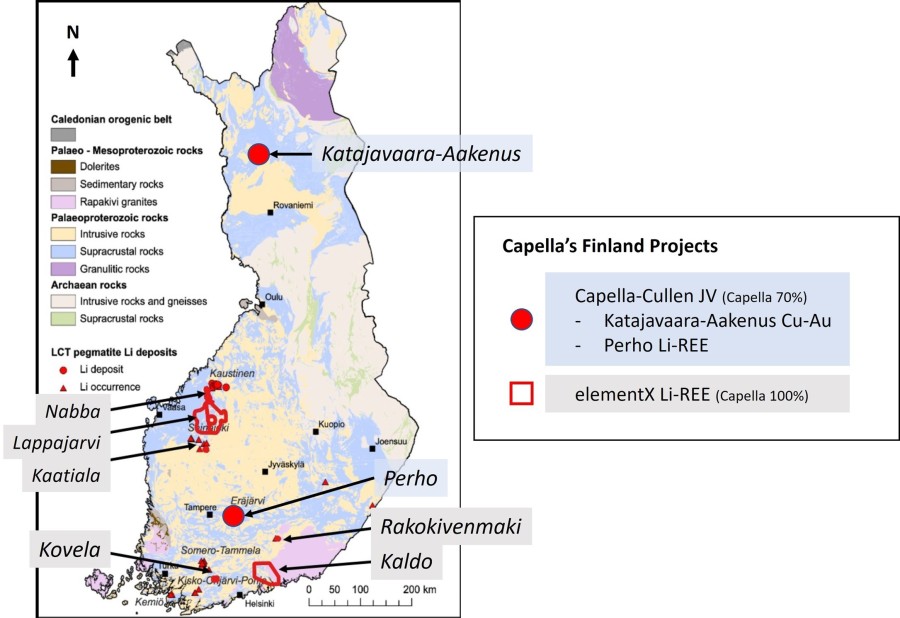 Figure 1. elementX project areas and existing Capella projects in Finland (CNW Group/Capella Minerals Limited)