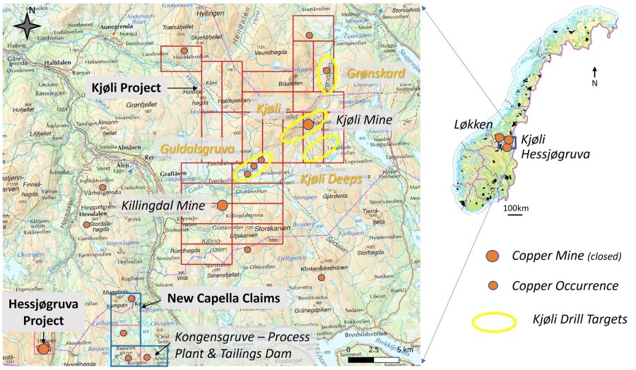 Figure 1. Locations of the Hessjøgruva and Kjøli Cu-Zn-Co projects, together with the Company’s recently granted exploration claims in the Kongensgruve area. (CNW Group/Capella Minerals Limited)