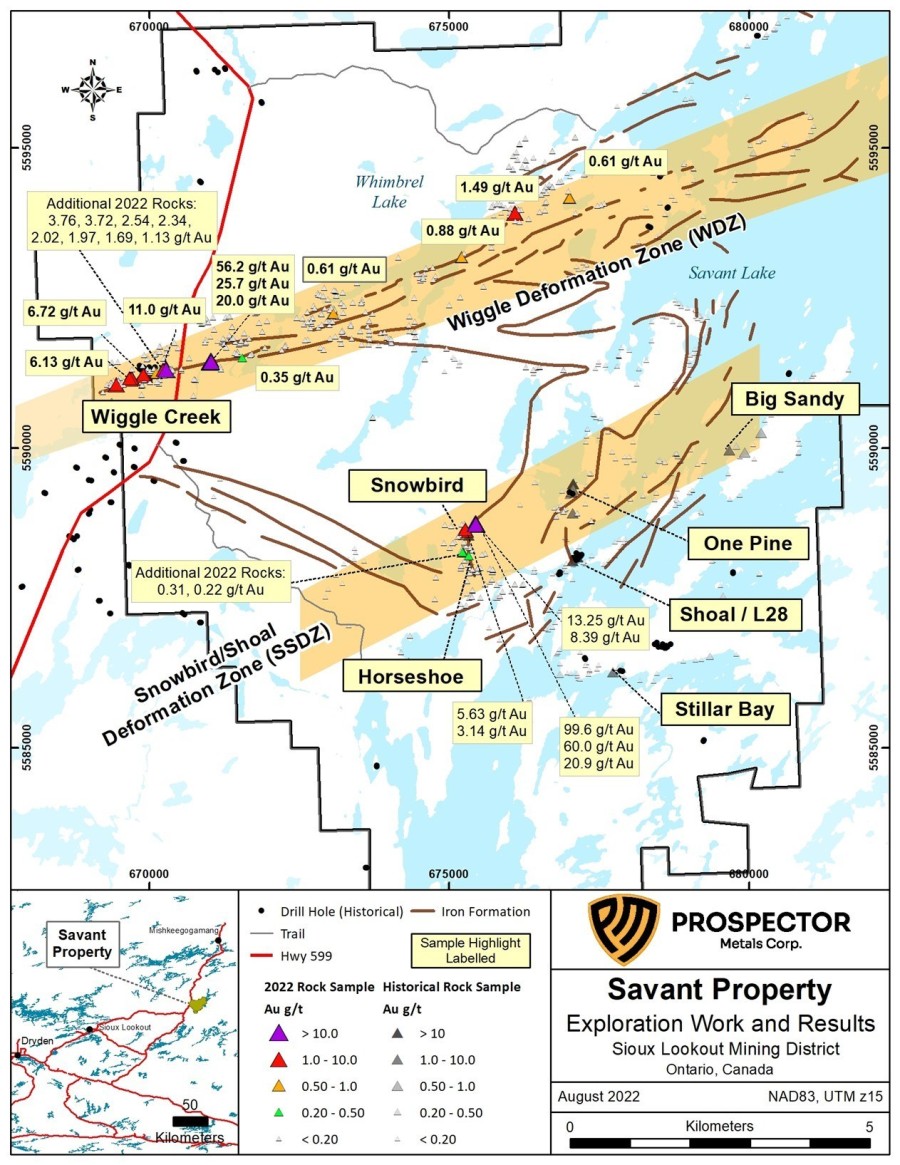 Figure 1. Key target areas and assay results from the Savant project (Prospector Metals Corp. News Release dated August 15, 2022). (CNW Group/Capella Minerals Limited)