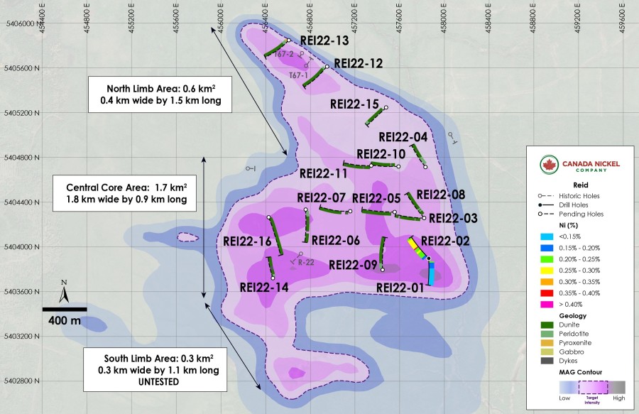 Figure 1 – Plan View of Reid – Drill results Overlain on Total Magnetic Intensity (CNW Group/Canada Nickel Company Inc.)