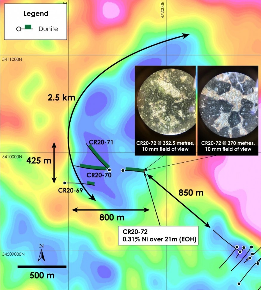 Figure 1 – West Zone Discovery Holes CR20-69 through CR20-72 over top of gravity gradient 
(Crawford Township airborne gravimetric survey completed in 2018) (CNW Group/Canada Nickel Company Inc.)